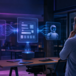 Ilustração de inteligência artificial conectando criação de aplicativos, produtividade e automação de tarefas em ambiente corporativo.