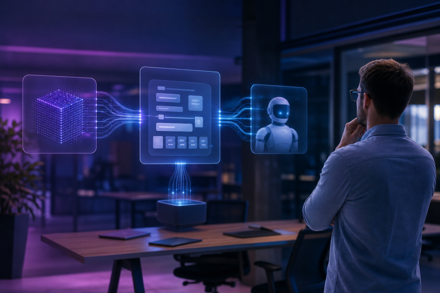 Ilustração de inteligência artificial conectando criação de aplicativos, produtividade e automação de tarefas em ambiente corporativo.