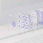 Visualização abstrata de redes neurais e fluxo de dados associados à inteligência artificial.