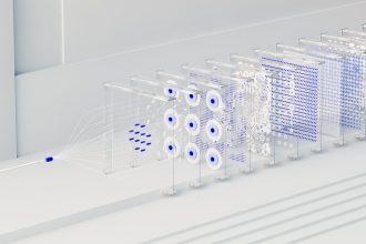 Visualização abstrata de redes neurais e fluxo de dados associados à inteligência artificial.