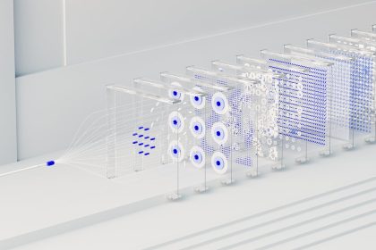 Visualização abstrata de redes neurais e fluxo de dados associados à inteligência artificial.