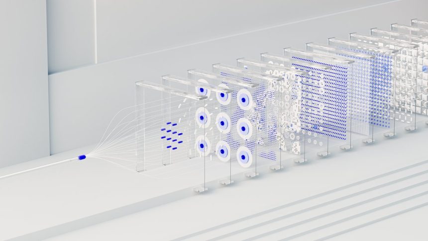 Visualização abstrata de redes neurais e fluxo de dados associados à inteligência artificial.